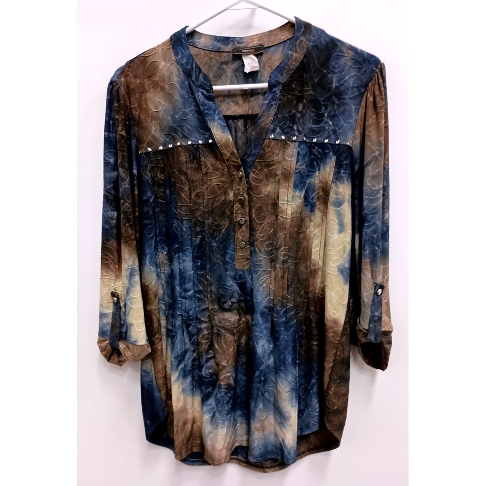 Vera Rose BOHO Top Womens Medium Blue Brown Tie‎ Dye Embroidered Studded Henley